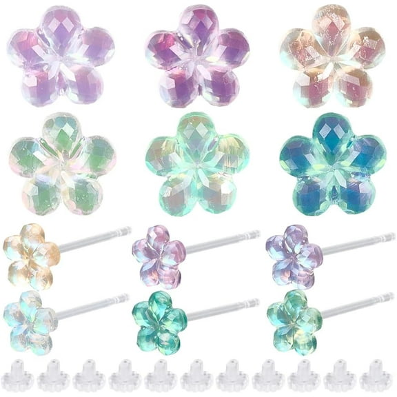 1 Box 6 Pairs Flower Resin Stud Earrings Spring Post Earrings Cute Five Petal Colorful Comfortable Studs with Clear Backs for Sensitive Ears Women Comfortable Lightweight Daily Wear colorful