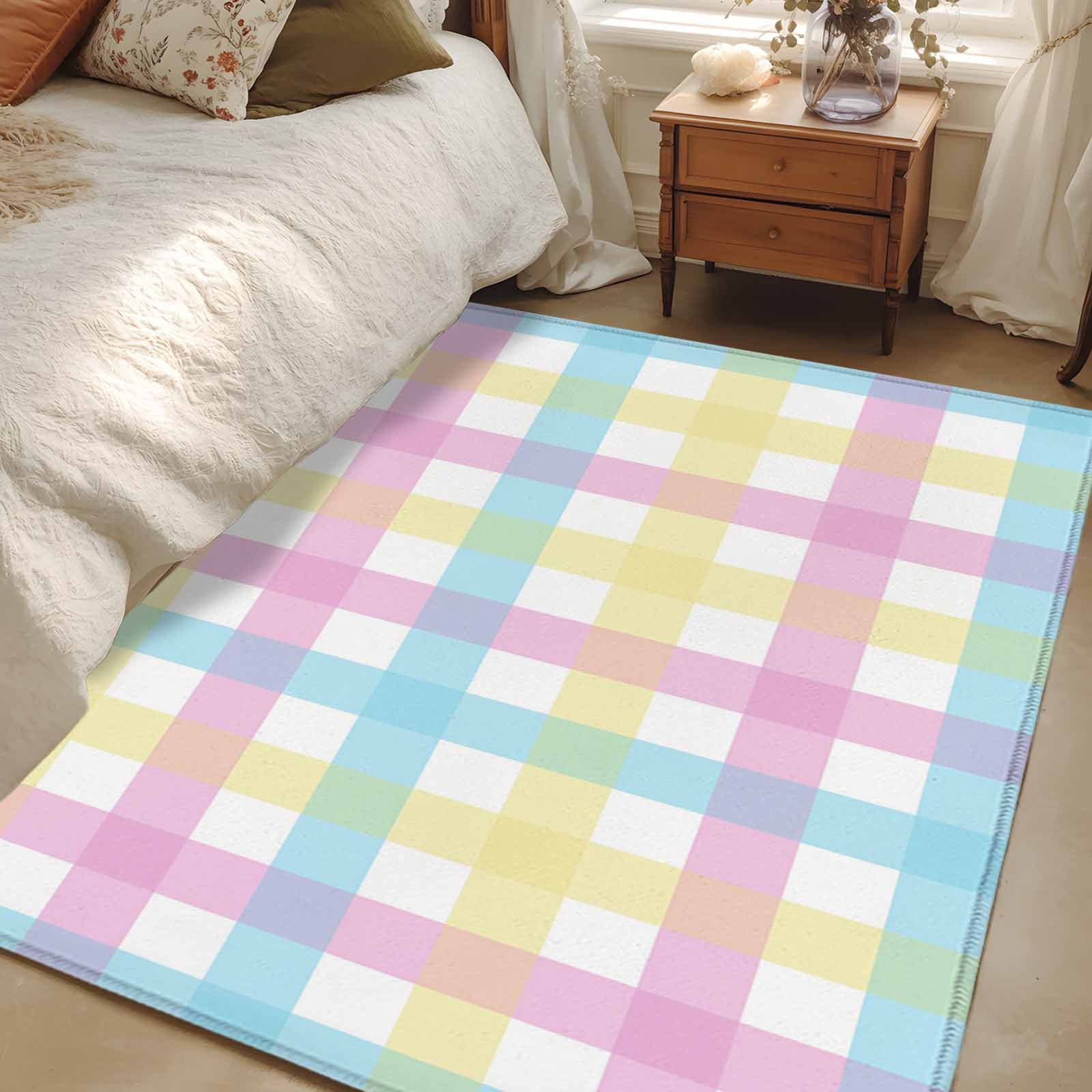 Easter Plaid Area Rugs 3'x5', Washable Small Throw Rugs for Living Room Bedroom, Spring Buffalo Plaid Simple Colorful Indoor Outdoor Rug Non-Slip Low Pile Carpet Runner Reversible Floor Mats