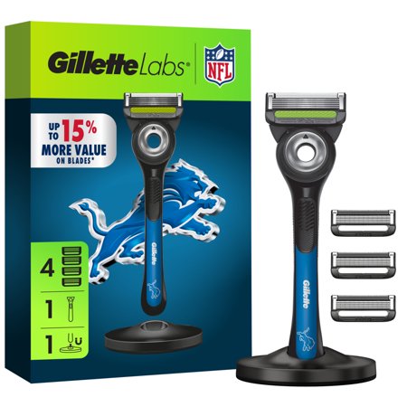 Gillette Labs Official Lions Licensed Razor for Men 1 Handle 4 Blade Refills with Magnetic Stand Perfect for Game Day Grooming Gillette Labs with Exfoliating Bar