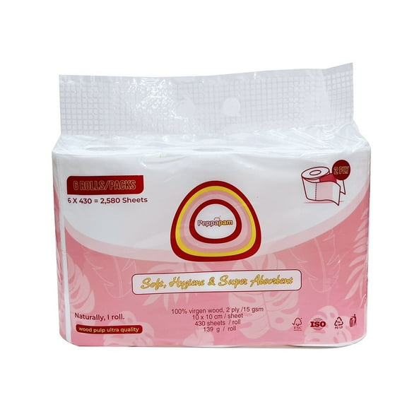 Peppapam Ultra-Soft 2-Ply Toilet Tissue Paper, 6 Rolls, Super Absorbent Wood Pulp, 15gsm, 10x10cm – 2,580 Sheets Total