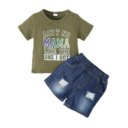 

KIMI BEAR Toddler Boys Outfits Set 2T Toddler Boy Spring Summer Outfits 3T Simple Letter Prints Short Sleeve T-Shirt + Ripped Denim Shorts 2PCS Set Army Green