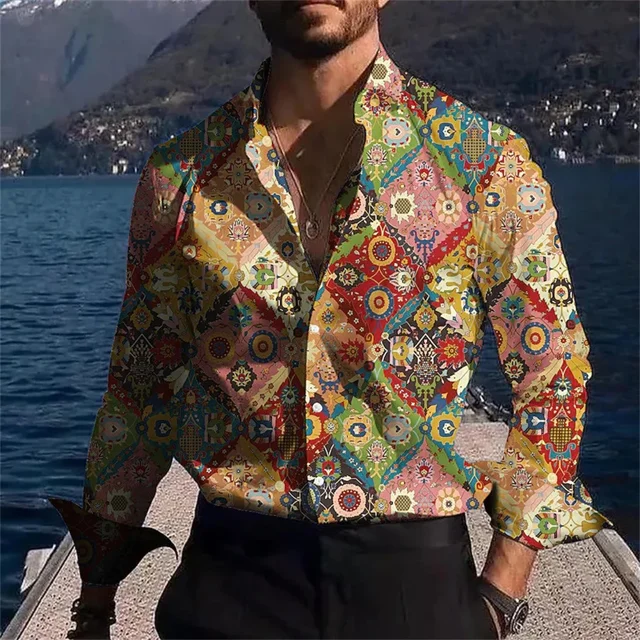 Camisa de manga larga con cuello tipo polo con estampado 3D de árbol de empalme para hombre, ropa de diseño para fiesta y club, tallas S a 6XL, novedad de 2024