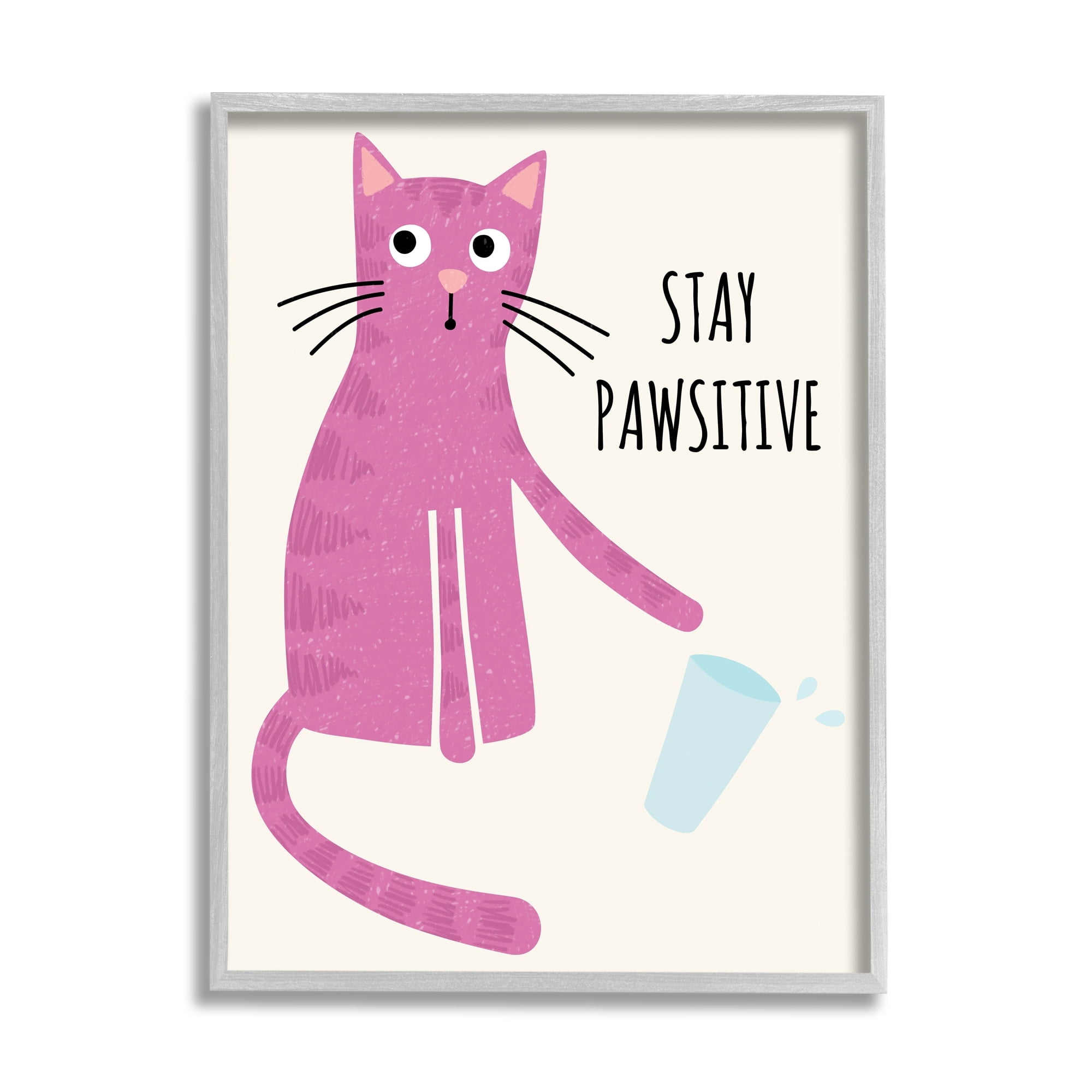 Stupell Industries Stay Pawsitive Endearing Pink Cat Knocking Over Glass Graphic Art Gray Framed Art Print Wall Art, Design by Jennifer Wambach