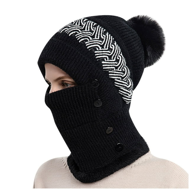 Womans Winter Warm Neck Guard Head Guard Knitted Hat Scarf Mask In One Hairball Woolen Cap in black. Made of soft synthetic fiber, it features a stretchy design, decorative buttons, and a pom-pom detail. Includes a white knitted pattern on the hat. Ideal for winter daily wear as a women's winter hat and scarf combination.