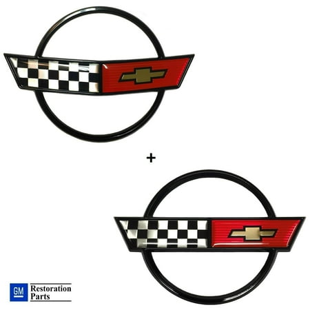 Front Nose Emblem (C4 Corvette Front Nose Emblem + Gas Fuel Lid Emblem Cross Flag Official GM Restoration Parts Includes Both Front and Rear Emblems Fits: 84 through 90)