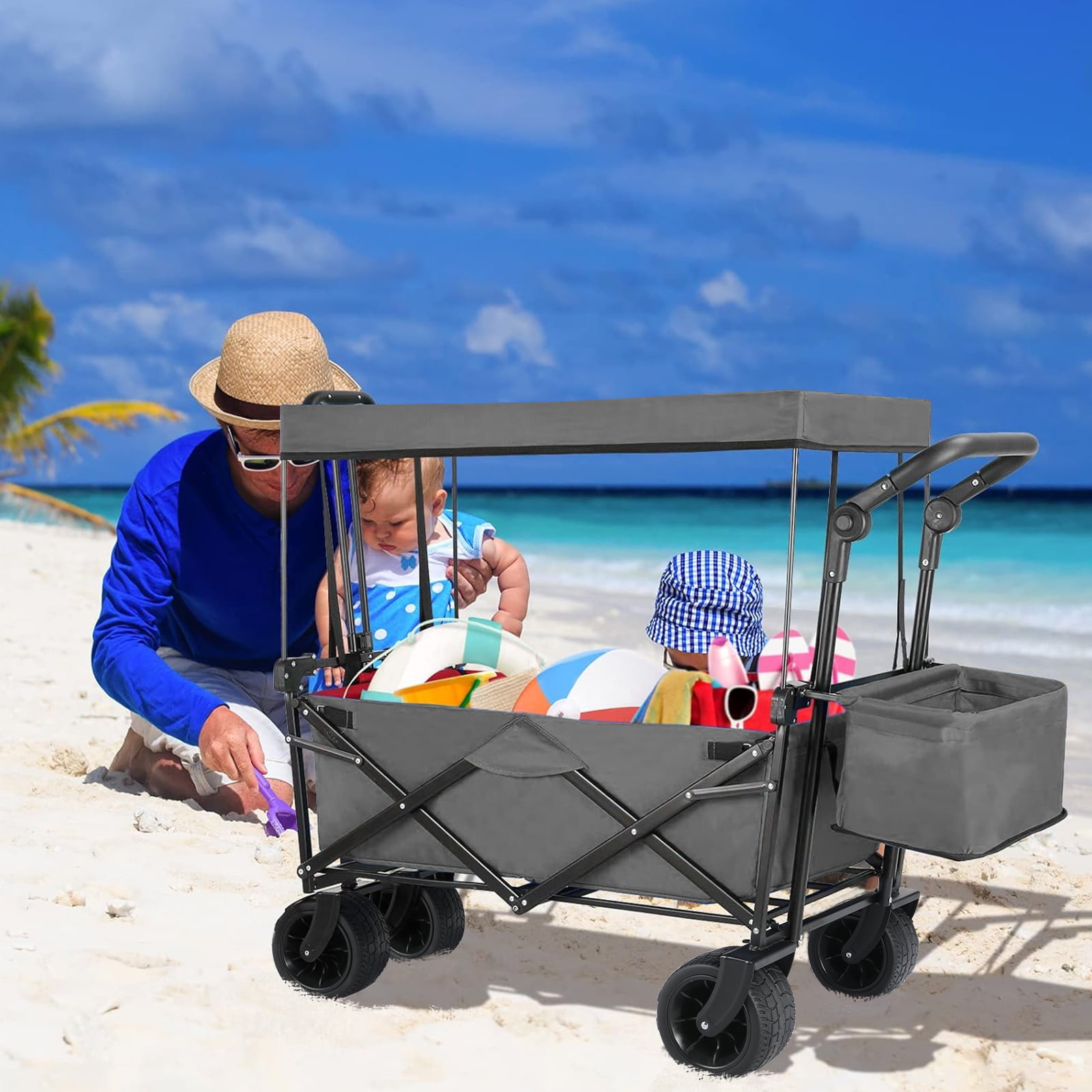 Pirecart Collapsible Wagon Cart, Outdoor Foldable Utility Beach Wagon with Removable Canopy, Cup Holder, Gray