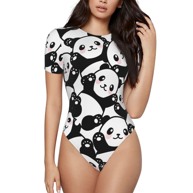Fotbe Seamless Pattern Cute Panda Body de Mujer con Cuello Redondo y Mangas Cortas, Sin Mangas Ajustado, Suave, Cómodo y Básico-X-Large