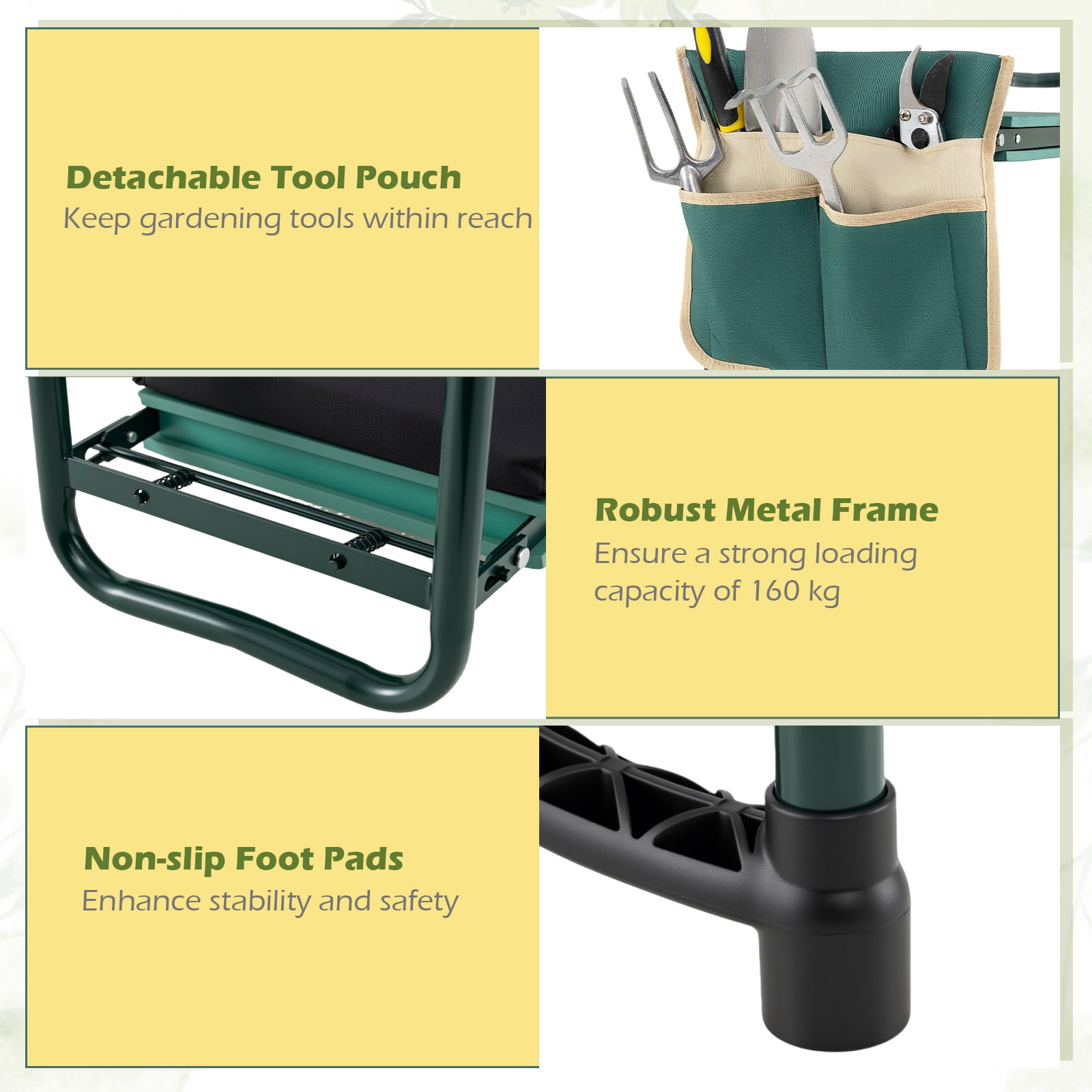 Costway Foldable Garden Kneeler and Seat, 2-in-1 Gardening Bench, Detachable EVA Foam Pad Green