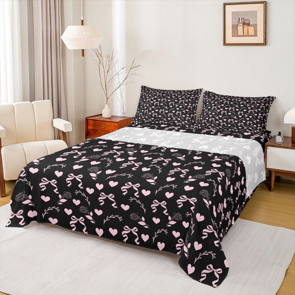 Homewish Black Pink Bowknot Twin Sheet Sets, Fashion Rose Flower Twin Fitted Sheet, Kawaii Cartoon Love Heart Flat Sheet, Super Cozy Room Decor, 3-Piece