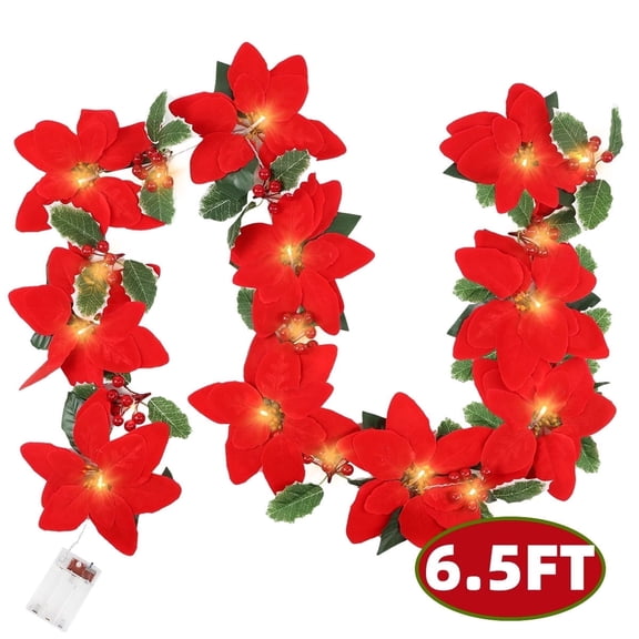 Christmas Garland with Light - 6.56 FT Artificial Poinsettia Garland with Red Flowers and Berries for Indoor Outdoor Xmas Decor