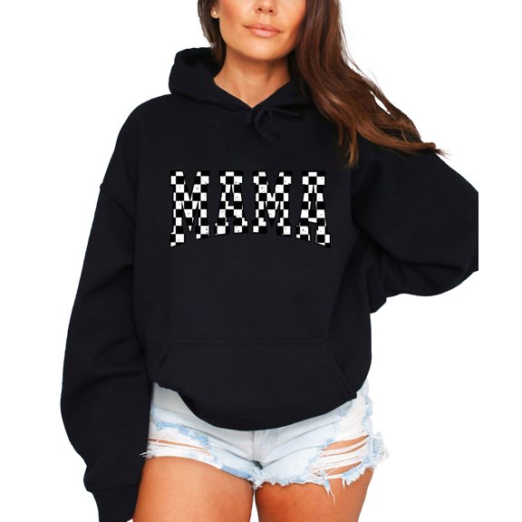 Checkered Mama Hoodie for Women Trendy Varsity Checkerboard Pullover, Black Hoodie, M