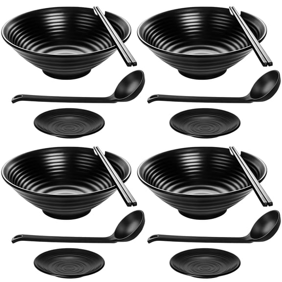 16 Pcs Ramen Bowl Set, Black Melamine Japanese Dinnerware Set, Includes 4 Noodle Bowls, 4 Chopstick Pairs, 4 Spoons, and 4 Sauce Plates for Soup, Rice, Udon, Pho, Home Dining
