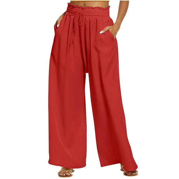 Wycnly on Sale Pants for Women Womens Drawstring Elastic Waist Pants Casual Solid Pleated Loose Wide Leg Palazzo Trousers Ladies Fall Lightweight Pocket Long Pants