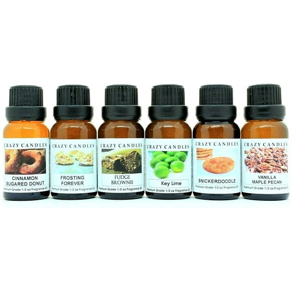 Crazy Candles 6 Bottles Set, 1 Cinnamon Sugared Donut, 1 Frosting Forever, 1 Fudge Brownie, 1 Key Lime, 1 Snickerdoodle, 1 Vanilla Maple Pecan 1/2 Fl Oz Each (15ml) Premium Fragrance Oils