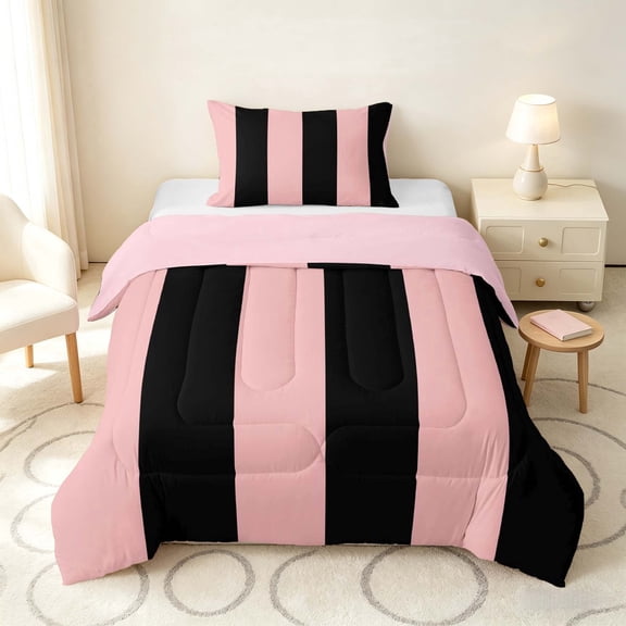 Manfei Geometric Stripe Twin Comforter Sets, Pink Black Minimalist Bedding Set, Pink Reversible 2-Piece, 1 Comforter and 1 Pillowcase