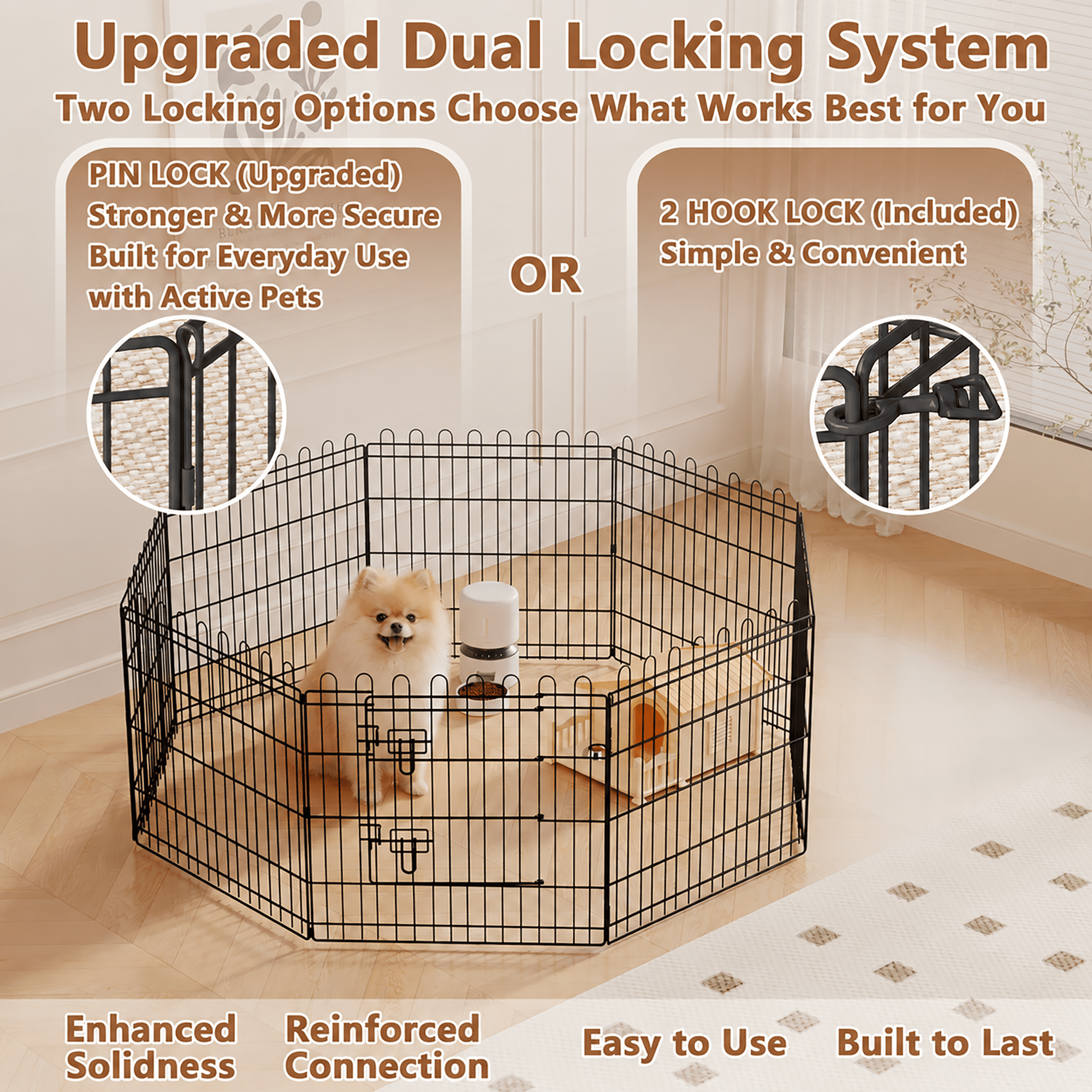 Scalloped Dog Playpen, 24-Inch Tall, 8-Panel Foldable Metal Pet Fence, Black