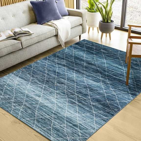 FairOnly Neutral Geometric Bohemian Area Rugs 5'x7' Washable Ultra-Thin Blue Rug for Dining Room Stain-Resistant Carpet for Family Room