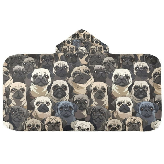 Cartoon Pug Dog Printing Hooded Beach Towel Kids Bath Towels Quick Dry for Pool Swiming 50" x 23.5" Microfiber Soft Bathrobe
