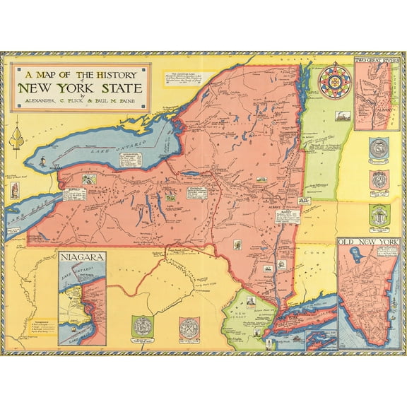 Flick 1928 Pictorial Map New York State History Extra Large Art Print Wall Mural Poster Premium XL