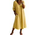 thumbnail image 2 of Summer V Neck Midi Dress for Women 3/4 Sleeve Solid Cotton Linen Dresses Casual Loose Beach Vacation Dresses with Pocket, XL, 2 of 6