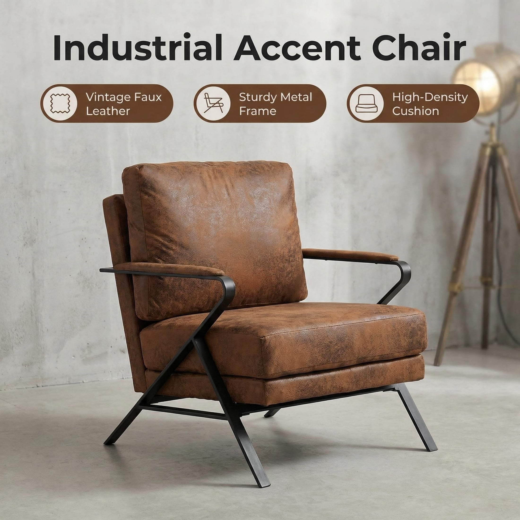 Vinform Mid-Century Accent Chair, Arm Chair with Upholstered Thicker Cushion, Metal Frame for Living Room, Caramel Brown