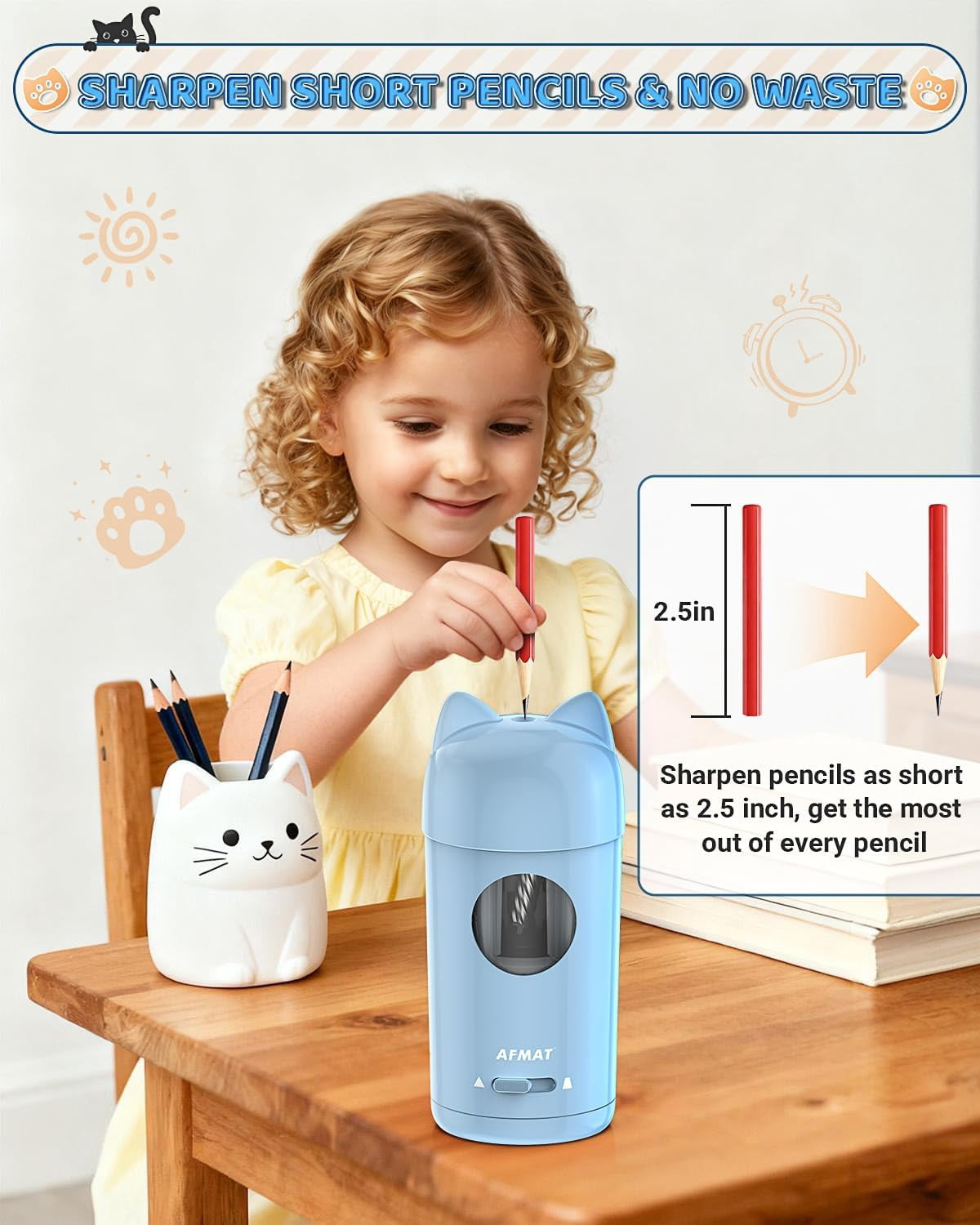 AFMAT Electric Pencil Sharpener, Fully Automatic Pencil Sharpener, Auto in & Out, for φ7-8mm No.2/Colored Pencils, Rechargeable & Cordless, Cute Cat Pencil Sharpeners for Classroom Home