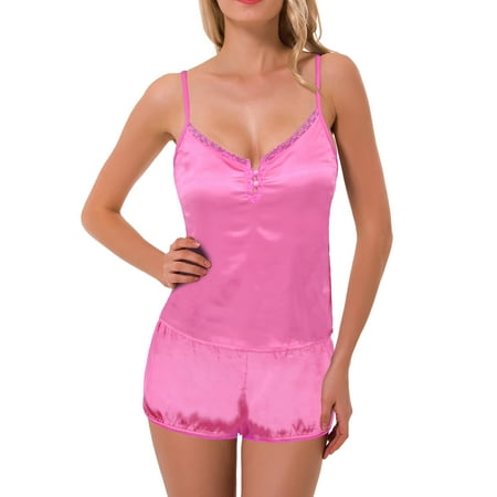 Curve Muse Womens Satin Lingerie Lace Camisole Tank Top With Shorts Pajama Set pack of 1-H PINK-L