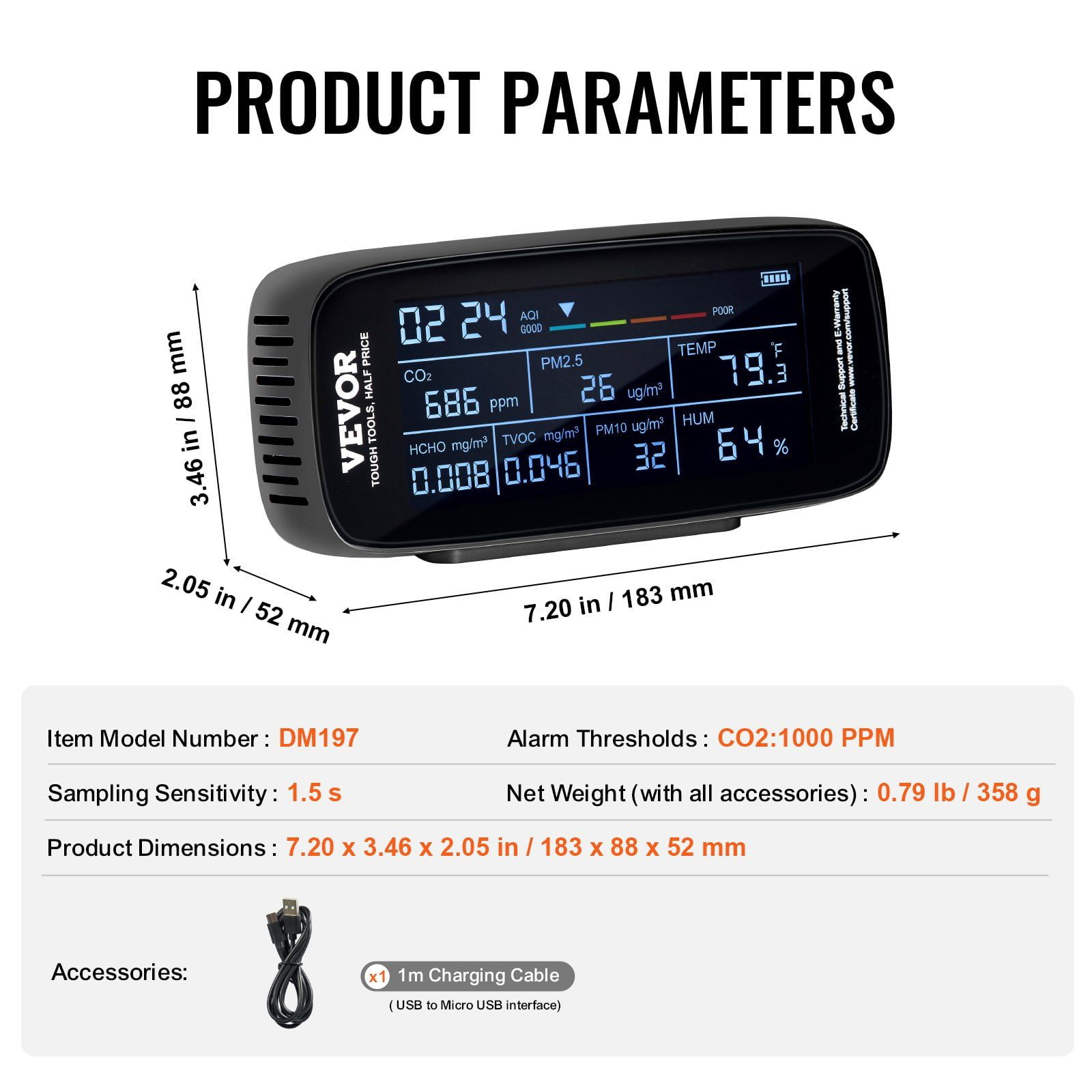 Professional Air Quality Tester for CO2, Formaldehyde, TVOC, PM2.5 PM10 PM1.0, Temperature & Humidity, 9-in-1 Meter with Alarm Thresholds