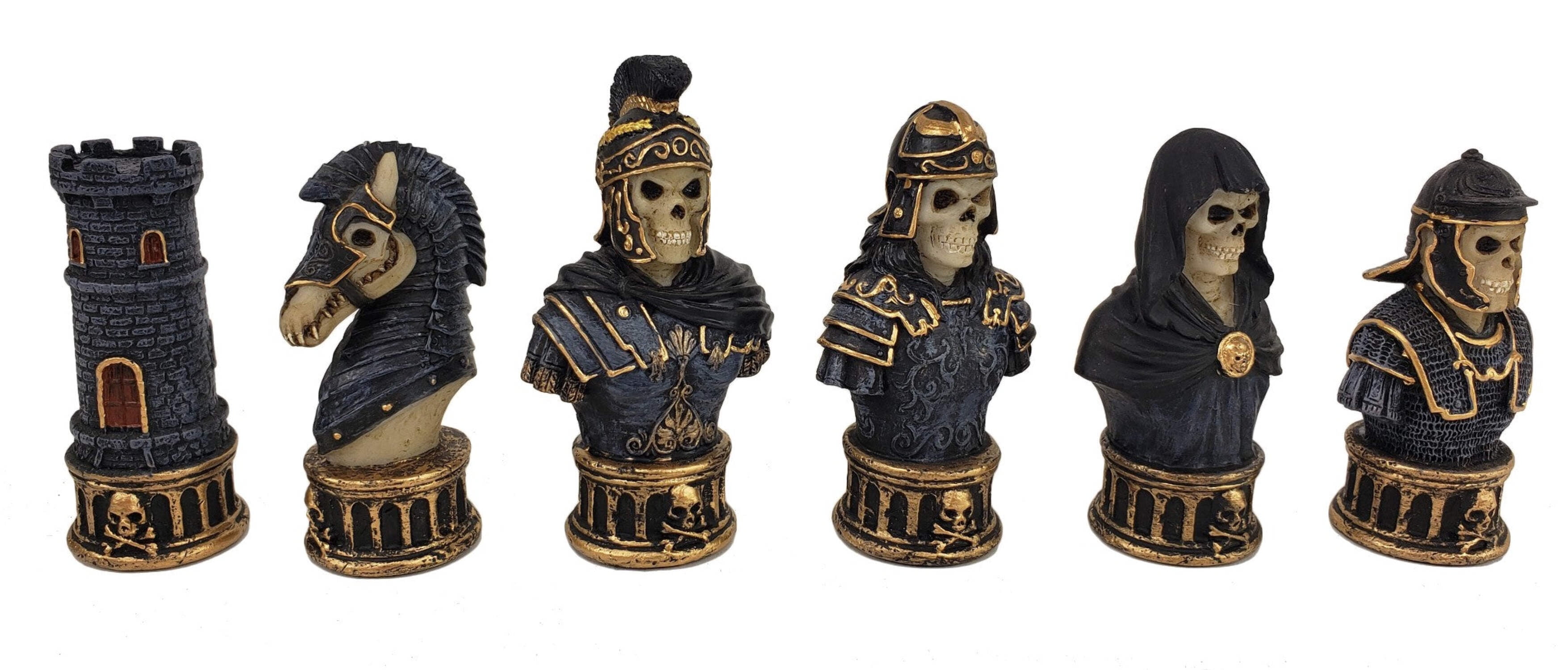 Medieval Times Gothic Skull Busts Chess Set 18" Black  White Faux Leather Board