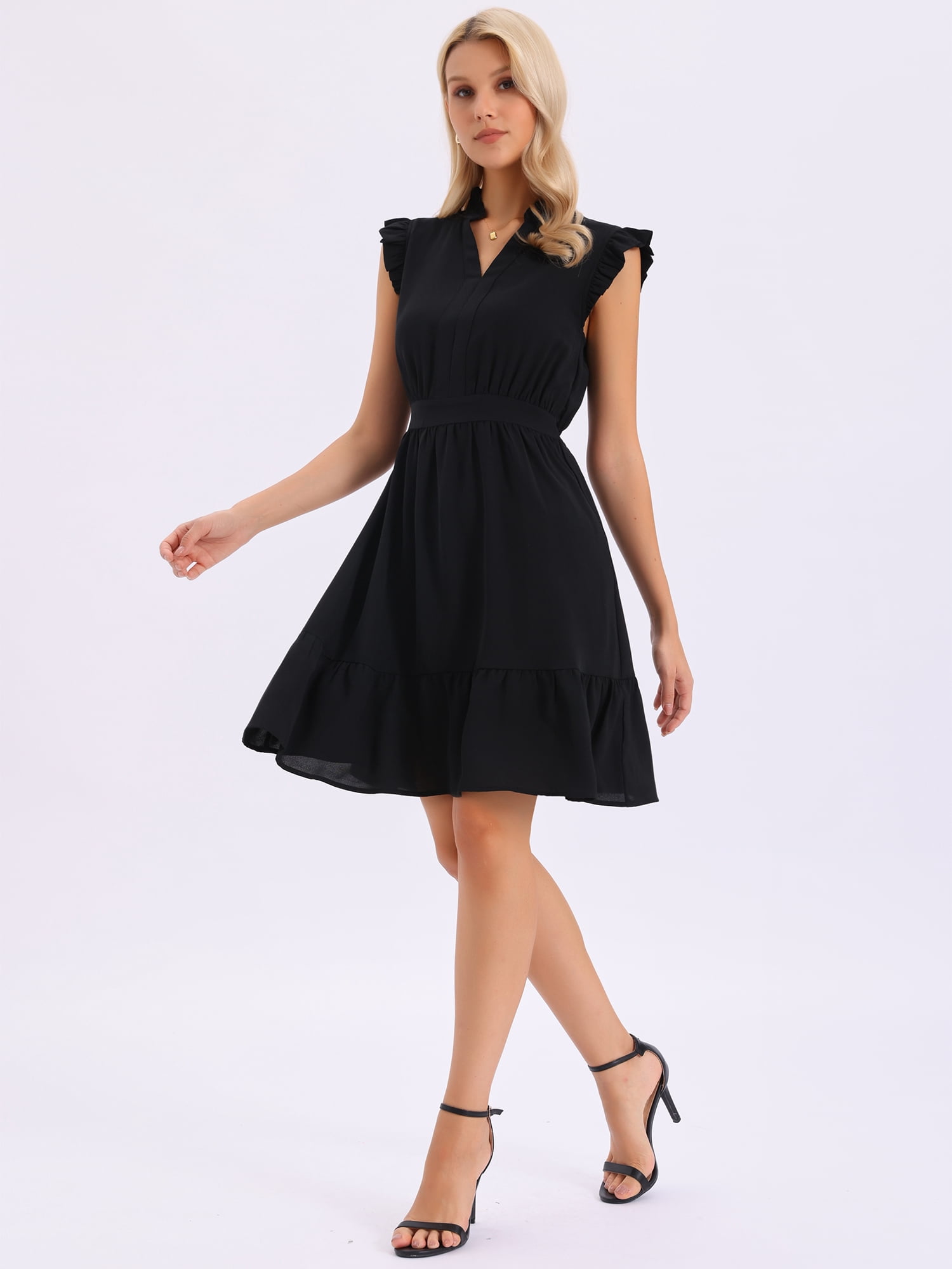 DARING DIVA Women's Sleeveless V Neck Elastic Waist Flowy Ruffle Hem Dresses XL Black