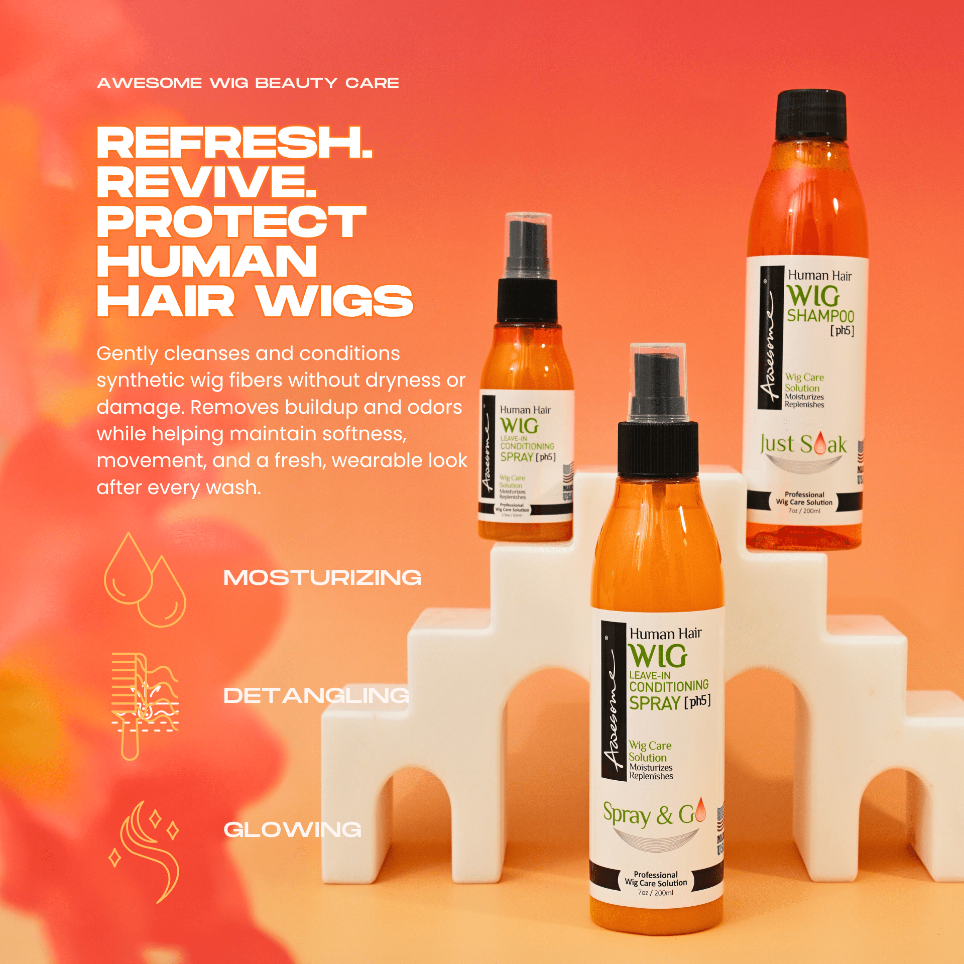 Awesome Human Hair Wig Shampoo & Conditioner, Premium set of 3, Promoting Silkiness, Shine & Freshness I Preventing Dryness (7 fl oz, 2.3 fl oz travel size)
