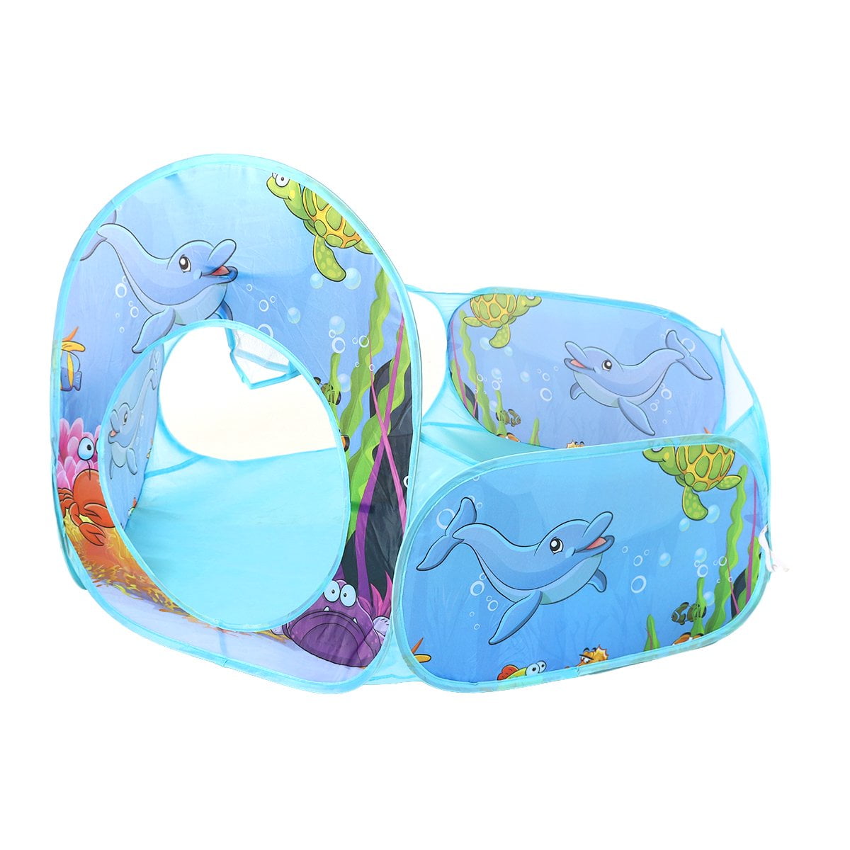 3 in 1 Portable Toddler Kids Play Tent House Crawl Tunnel Ball Pit In/Outdoor with PopUp Playhouse Tent, Basketball Hoop Set for Kids, Polyester