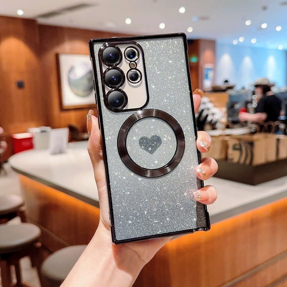 Magnetic for Samsung Galaxy S23 Ultra Case, Luxury Plating Cute Glitter Love Heart Clear Phone Case [Compatible with MagSafe] Soft TPU Shockproof Protective Phone Cover for Women Girls - Black