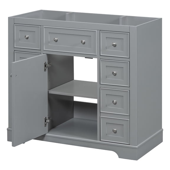 JERFIT 36 inch Modern Bathroom Vanity Base Only, Freestanding Grey Cabinet with 6 Drawers & Adjustable Shelf