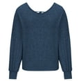 thumbnail image 4 of WREESH Womens Fashion Flowy Tops Long Sleeve V-Neck Solid Color Loose Lace Up Back Shoulder Drop T-Shirt Pullover Navy, 4 of 7