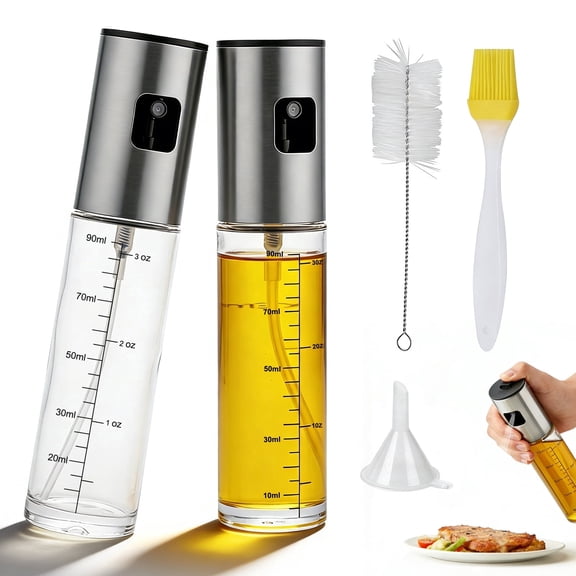 Oil Sprayer for Cooking, Upgraded 2 Pack Refillable Olive Oil Spray Bottle Mister with Brush for Air Fryer Oil Vinegar Portable Glass Kitchen Gadget for BBQ, Salad, Roasting