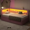 thumbnail image 5 of Mirightone Twin Daybed with Storage Drawers & USB Ports, Upholstered Daybed Corner Bed Frame with LED Light for Bedroom, Guest Room, Pink, 5 of 6
