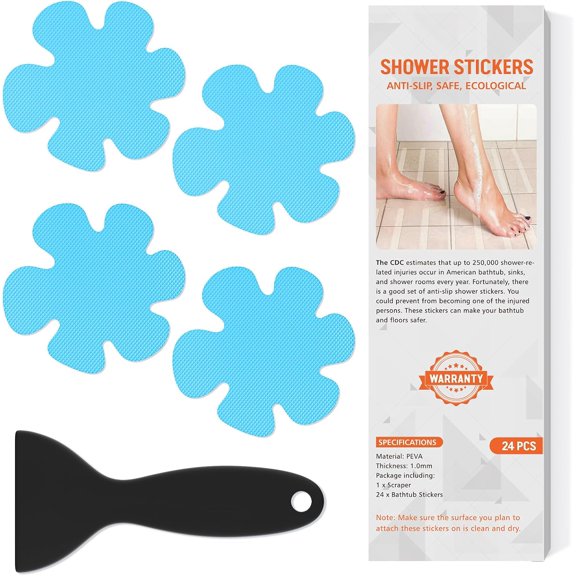 Non Slip Bathtub Stickers, 24 PCS Shower Stickers for Safety Bathroom Tubs, Bathtub Non Slip Stickers and Adhesive Decals Scraper for Bath Tub, Shower Floor, Stairs, Ladders(Flower Shape, Blue)