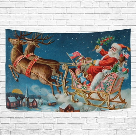 Claus Tapestry - POPCreation Home Decor Collection, Vintage Santa Claus Deer House Christmas Wall Art Polyester Tapestry Wall Hanging Art 40x60 inches