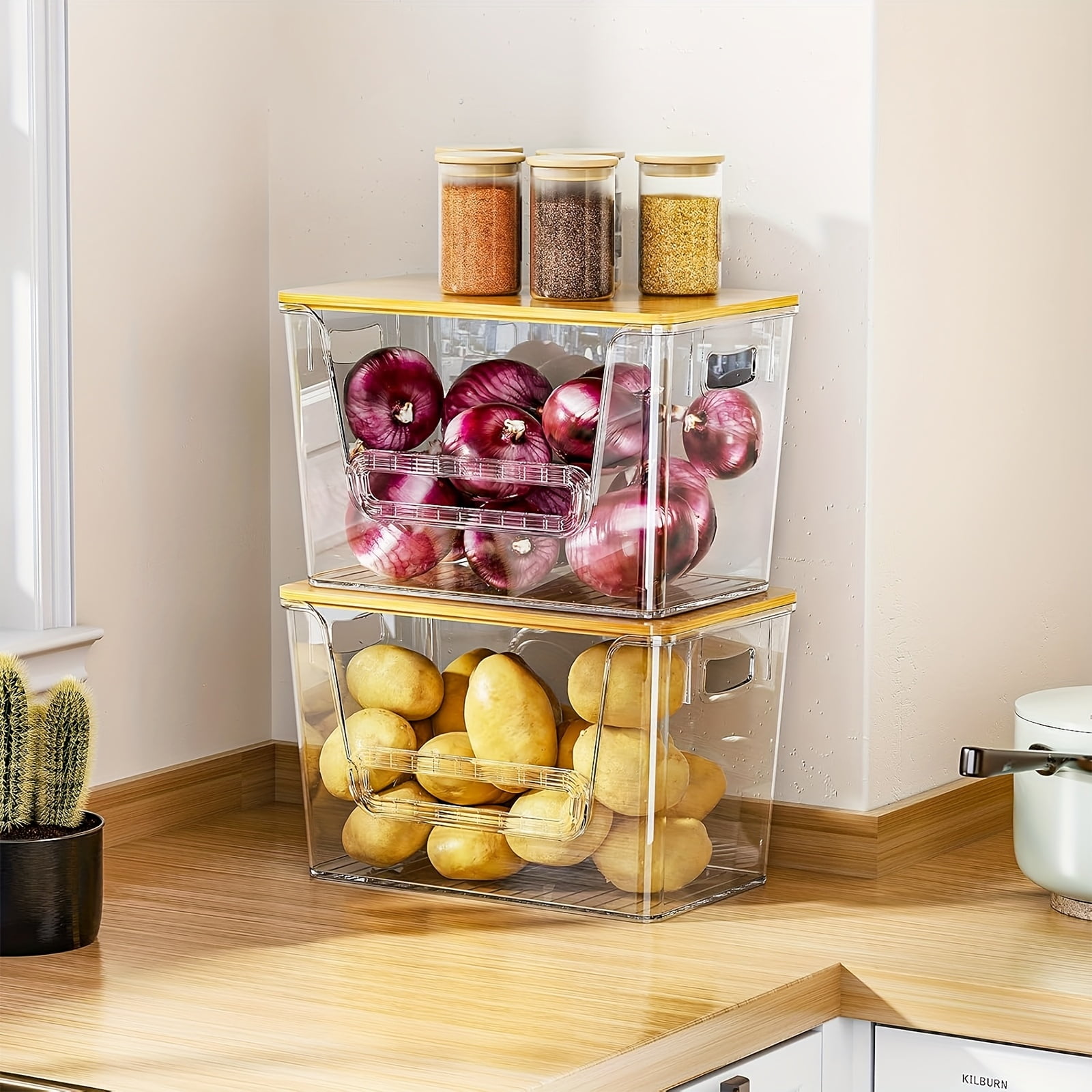 2-Pack Clear Stackable Pantry Organizers with Bamboo Top - Kitchen Produce Storage Bins