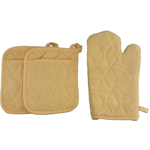 Set of 3, 100% Cotton Solid Color Heavy Duty Heat Resistant Kitchen Sets, Set Includes 1 Oven mitt, 2 Potholders.