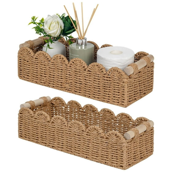 Scalloped Decor Basket for Living Room, Home, Bathroom, 2SAME SIZE Paper Rope Basket, Toilet Storage Baskets for Over Toilet Storage Shelf, Cute Woven Basket Both Storage&Decor, Neutral