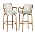 thumbnail image 2 of Lyric Modern 29" Outdoor Patio Bar Stools, Bar Chairs with Wood Grain Finish Frame with Hand-Woven PE Rattan Rope, Removable Cushions, Teak+Beige, Set of 2, 2 of 8