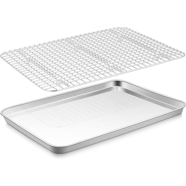 Stainless Steel Baking Sheet with Wire Rack Set .\uD x .\uD Cookie Sheet Baking Pan for Toaster Oven Small Metal Tray with Cooling Rack for Cooking Roasting & Dishwashe