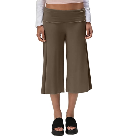 Gaucho Pants for Women Fold Over Flowy Capri Pants Wide Leg Low Rise Yoga Capris Foldover Cropped Leggings Summer, M