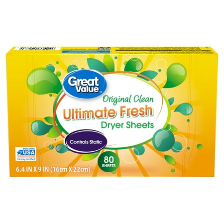 Great Value Ultimate Fresh Fabric Softener Dryer Sheets, Original Clean, 80 Count (Packaging May Vary)
