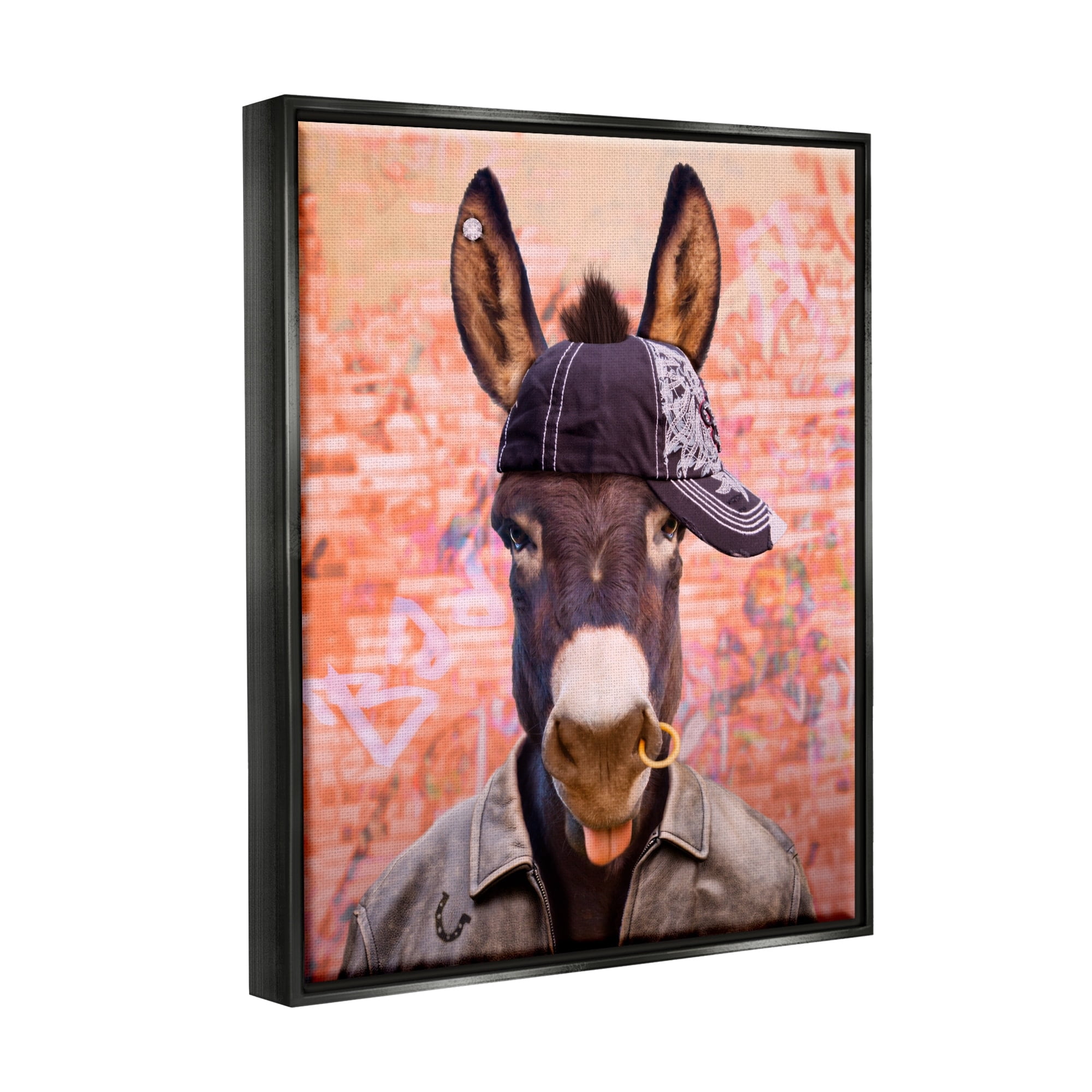 Stupell Industries Cool Trendy Donkey Wearing Hat Street Graffiti Graphic Art Metallic Gold Floating Framed Canvas Print Wall Art, Design by Michael Quackenbush