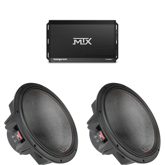 MTX TERMINATOR 1000-Watt RMS 1Ω Mono Block Class D Amplifier and Two MTX Audio 7515-44 75-Series 15" 750W RMS Dual 4-Ohm Subwoofer