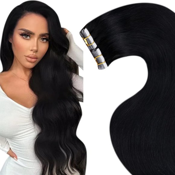 LaaVoo Tape in Hair Extensions Black Human Hair Tape in Extensions 20 Inch Jet Black Hair Extensions Real Human Hair Tape in Silky Straight Tape Extensions