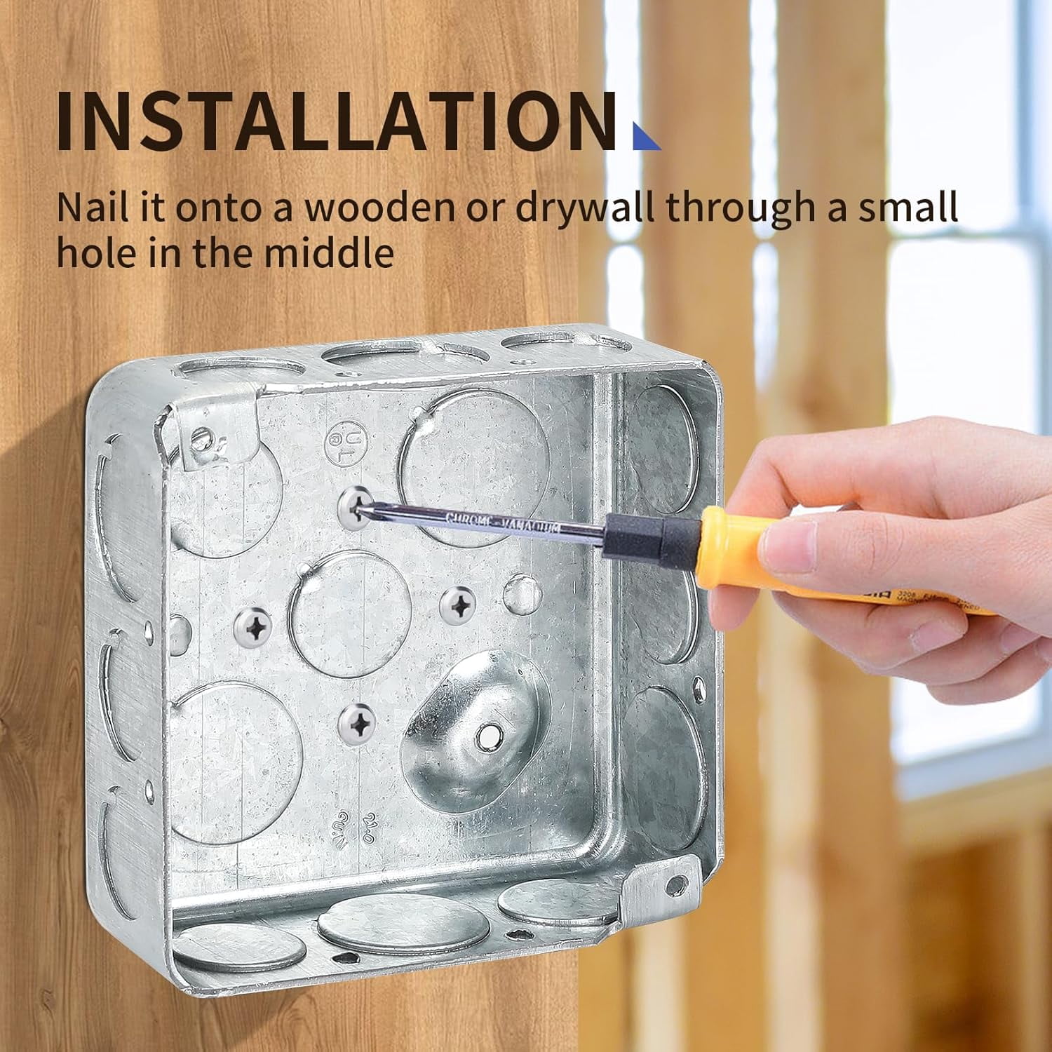 Galvanized Steel Metal Outlet Box 4x4 and Outlet Cover with 6screws,2-Gang Duplex Receptacle Box,8*1/2''&4*3/4"in Side and 2*1/2''& 2*3/4" in Bottom Knockouts,Thickness 1.6mm,Raised Ground